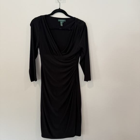 Lauren Ralph Lauren Rushed Jersey Dress 6 Black Stretch V-neck 3/4 Sleeve 1903 - Picture 7 of 14